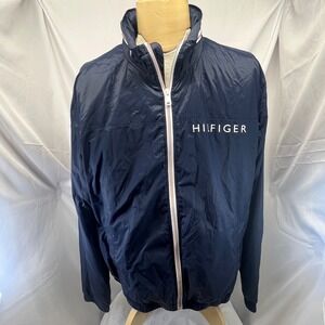 Tommy Hilfiger Men's XL Windbreaker Jacket Navy Red Hooded Full Zip Logo